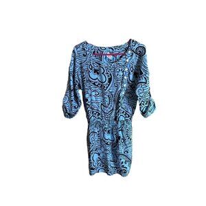 Plenty by Tracy Reese Small PETITE Blue &‎ Brown Floral Long Sleeve Dress SILK